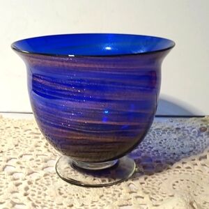 Beautiful decorative Cobalt Blue Blown glass bowl. Shimmering gold and copper